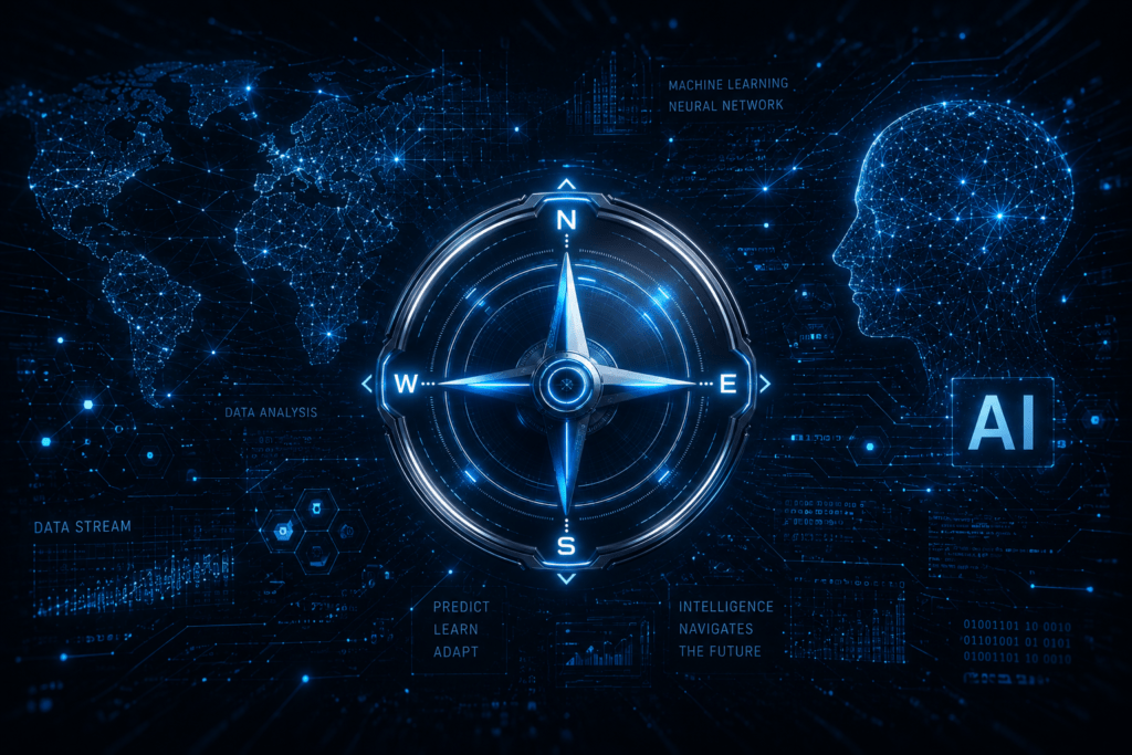 Neon blue compass at center with a digital world map and AI/data-analysis elements in the background.