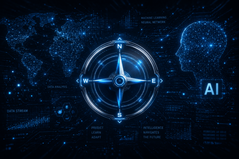 Neon blue compass at center with a digital world map and AI/data-analysis elements in the background.
