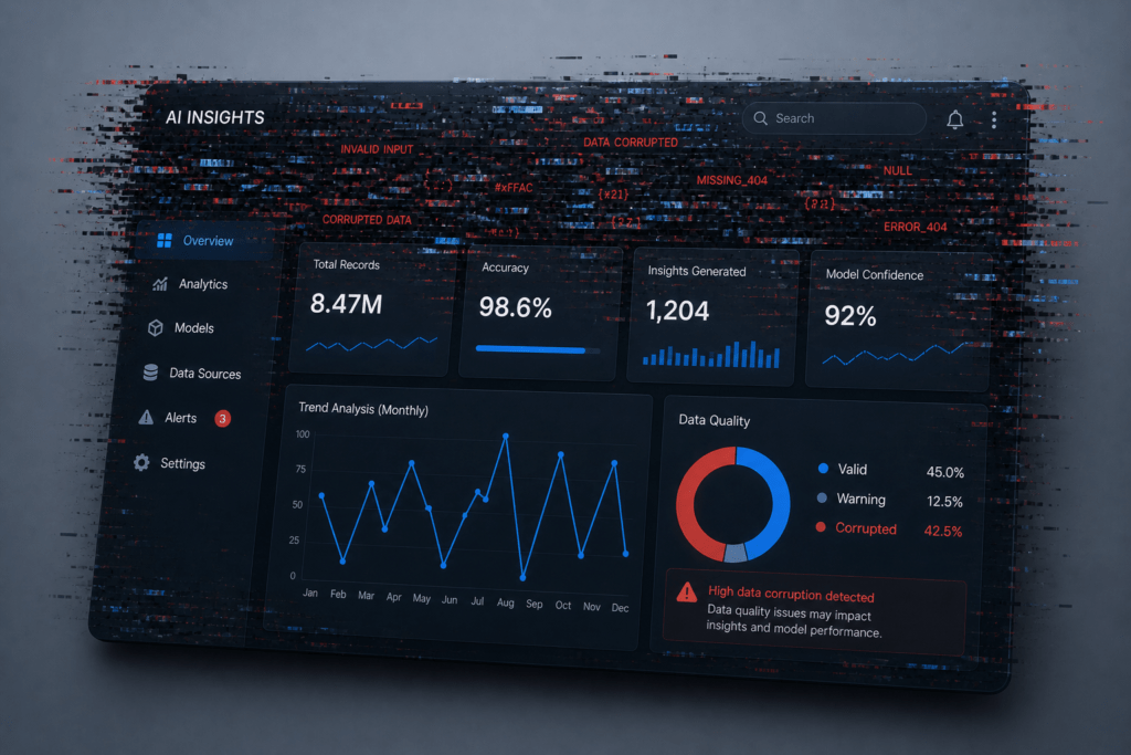 Dark AI Insights dashboard showing analytics panels and charts: total records, accuracy, insights generated, model confidence, trend line and data quality donut chart; left navigation with Overview, Analytics, Models, Data Sources, Alerts, Settings.