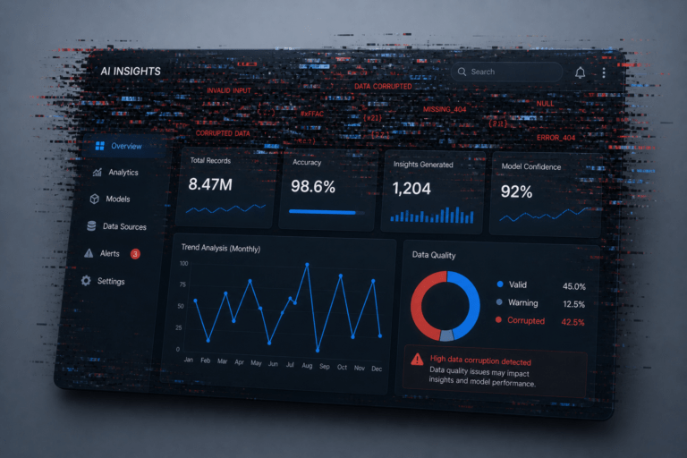 Dark AI Insights dashboard showing analytics panels and charts: total records, accuracy, insights generated, model confidence, trend line and data quality donut chart; left navigation with Overview, Analytics, Models, Data Sources, Alerts, Settings.